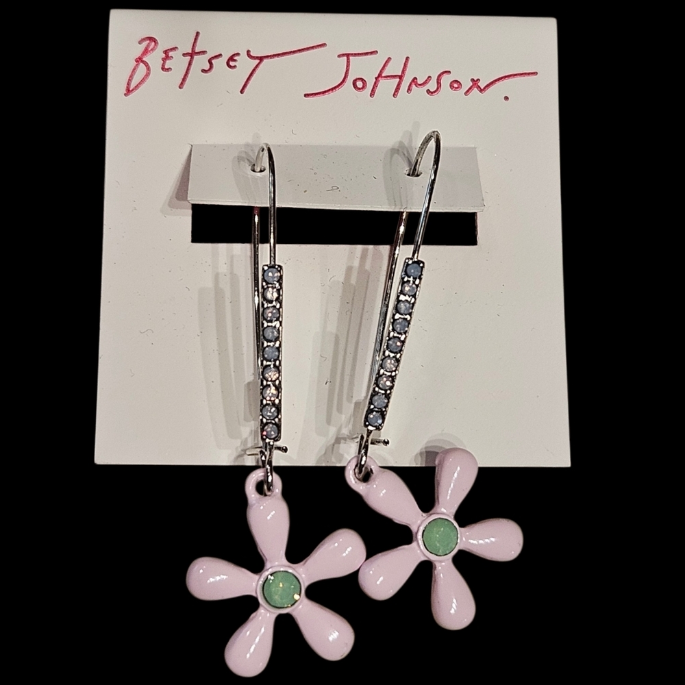 🌸Betsey Pink Flower Drop Earrings with A-B Rhinestone Accents - NWT
